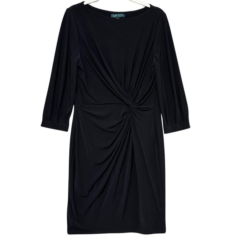 LRL Ralph Lauren Drape Sheath Dress Size 14 Black 3/4 Sleeve Twist Waist Lined
